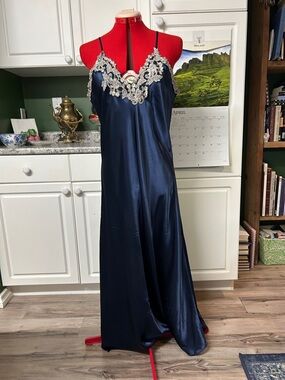 Midnight Blue Satin Lace-Trim Long Slip Chemise